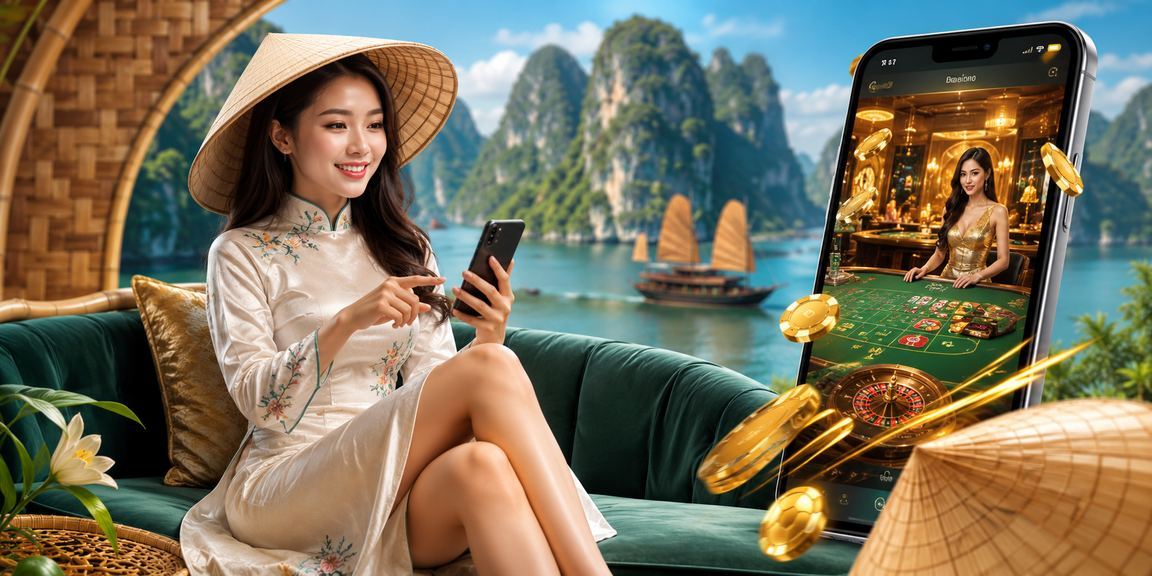 Người dùng tại Hạ Long xem ứng dụng casino trên điện thoại với nón lá