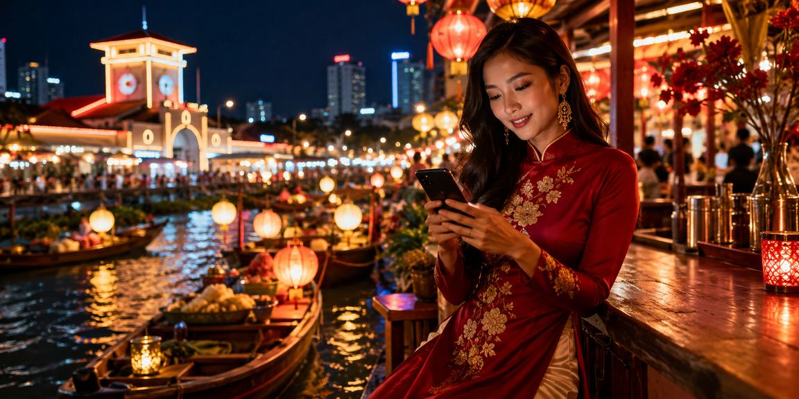 Người dùng tại chợ đêm Thành phố Hồ Chí Minh tra cứu hỗ trợ trên mobile