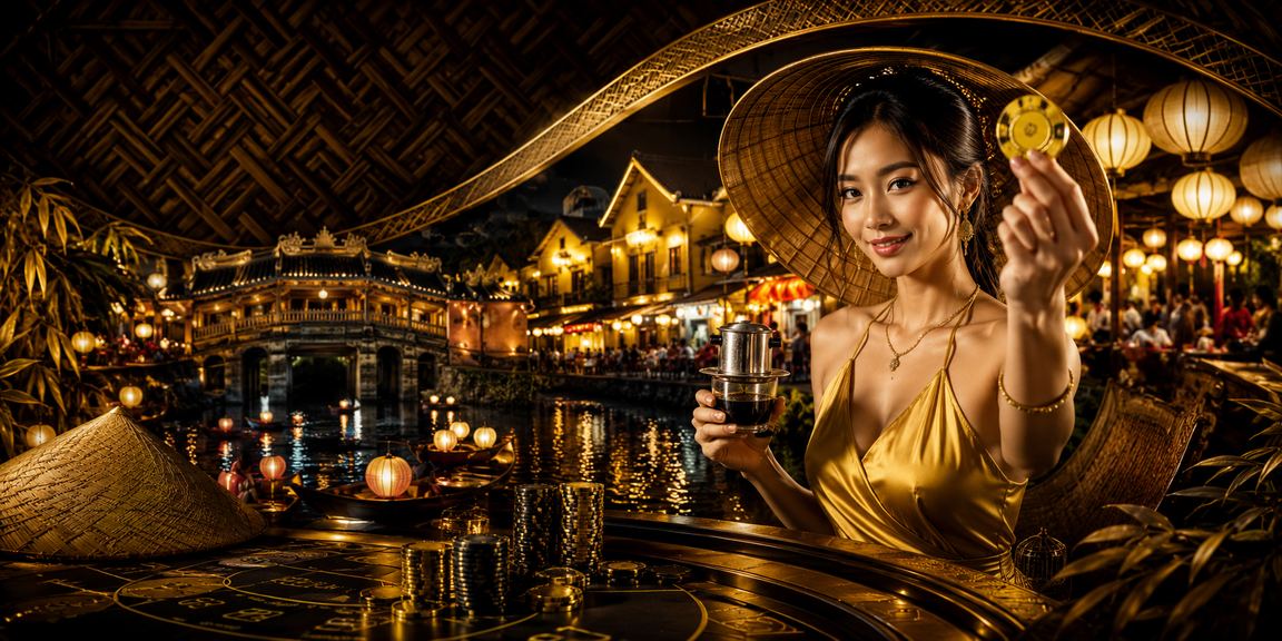 Bối cảnh Hội An với nón lá và chủ đề casino giải trí Việt Nam