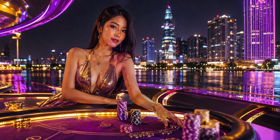 Không gian giải trí Mekong với ánh neon và chủ đề casino về đêm
