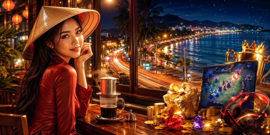 Người dùng ở Mũi Né xem esports trên điện thoại với nón lá Việt Nam